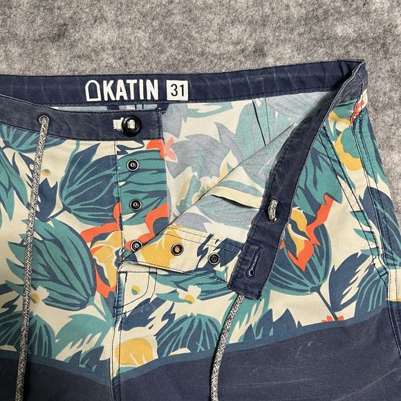 Katin Board Shorts Men's 31 Navy Blue Floral Color Block Pockets Swim Trunks - Picture 12 of 17